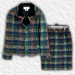 【即決ご希望額はコメントへ】 美品　英国王室御用達　HARDY AMIES　ハーディエイミス　ツイード　セットアップ　スーツ　スカート　グリーン　マルチカラー　４３　ＬＬ　イギリス製　ベロア　ベルベット　エレガント　パーティー　フォーマル　オケージョン　秋冬