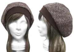 ◇送料無料◇ ハンドメイド◆リブ付ベレー帽◆ジャガード織ニット／ブラウン×オフホワイトmix　◇ゆったりサイズ・小顔効果・長いシーズン着用◇