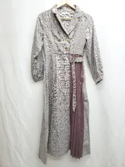 ◇ GRL グレイル チェック柄　プリーツ 長袖 ロング丈 フレア　ワンピース サイズM グレー レディース P  【1408200045798】