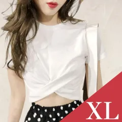 XL 白 へそ出し トップス 韓国 ショート丈 Tシャツ 半袖 シンプル インナー しぼり セクシー レディース カジュアル