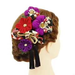 髪飾り 成人式 つまみ細工 赤 振袖 前撮り 袴 浴衣 夏祭り 花火大会 5点セット 紫 ちりめん 房付き 組紐 和柄 ヘアアクセ かん No.9-3311