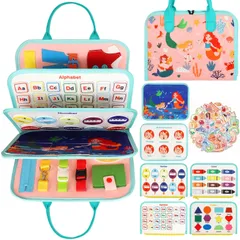 モンテッソーリ おもちゃ ビジーバッグ 感覚ボード 知育玩具: FlyCreat 指先訓練 お着替えの練習 五感シゲキット 人魚 紐通し 布絵本 教具 玩具 オモチャ 生活習慣おもちゃ 動かす 靴紐結び ボタン ジッパー 学習 教育 五感 発達 児童教育 家庭