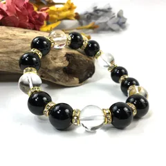 オニキス&水晶 パワーストーン ブレスレット 天然石12mm (ゴールド) メンズ・レディース 男性・女性  数珠  黒  □