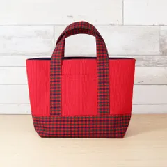 ファミリア風赤チェック×赤帆布 岡山帆布 8号使用 ミニトート マチ付き ポケット付き ランチバッグ サブバッグ ミニバッグ 帆布 タータンチェック ハンドメイド