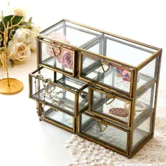 ジュエリーボックス 3段 アクセサリー収納 チェスト アクセサリーケース 引き出し 小物収納ケース 透明 ガラス 真鍮カラー 卓上 ミニチェスト アクセサリーボックス おしゃれ アンティーク レトロ アイアンとガラスのミニチェスト 6ドロアー