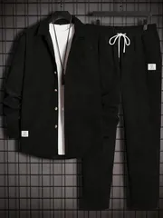 セットアップ 2枚 メンズ コーデュロイ カジュアルウェア 長袖 ボタンアップラペルシャツ&ドローストリングパンツ ビジネス レジャーウェア デイリー 外出 春秋冬 クラシックファッション メンズファッション 95%ポリエステル 5%エラスタン ブラック