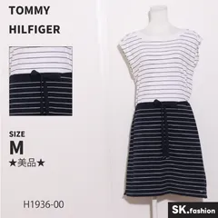 ★美品★ TOMMY HILFIGER トミーヒルフィガー ワンピース　膝丈　ノースリーブ　フレア　ストライプ柄　マリン　綿混 　ホワイト　ネイビー　 【H1936-00】 送料無料　古着　レディース