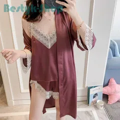 ネグリジェ パジャマ レディース キャミソール 夏 パジャマ3点セット 長袖ガウン レースvネック ショートパンツ シルク風 ルームウェア 部屋着