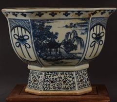 青花開窓庭楼四方高脚鉢 陶磁器 装飾品 現代工芸品美術品 置物 青花開窓庭楼四方高脚鉢 陶磁器 装飾品 現代工芸品美術品 置物