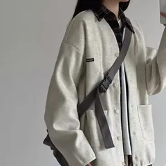 アウター カーディガン 上着 ジャケット レディース 長袖 Vネック ストリート ポケット 前開き かわいい 大人可愛い シンプル カジュアル こなれ感 ラフ ボーイッシュ スポーティー ルーズ 抜け感 カレッジ風 学生風 ベーシック ロマンティック ナチュラ