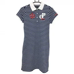 【美品】パーリーゲイツ 半袖ポロワンピース ネイビー×白 ボーダー 襟薄汚れ レディース 0(S) ゴルフウェア PEARLY GATES