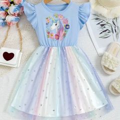 90% コットン 漫​​画ユニコーングラフィック フラッタースリーブ クルーネック ハート柄 メッシュドレス 女の子用 カジュアル 快適ドレス ワンピース 夏ギフト 女の子用服