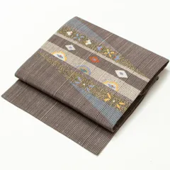 【美品】名古屋帯 紗紬 幾何学 抽象柄 モダン 金糸織 正絹 九寸