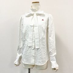 48e12 Vivienne Westwood Red Label ヴィヴィアンウエストウッド レッドレーベル オーブ刺繍 フリルブラウス 長袖シャツ ストライプ サイズ02 ホワイト レディース 女性用 トップス