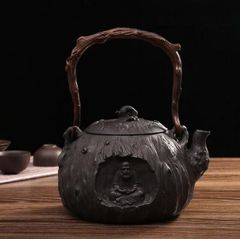 極美品★極細工 手作り 木の根達磨 ★鋳鉄霰文鉄瓶 ハンドメイド 老鉄瓶 コーティングなし提梁壺 対応 鉄やかん 鉄分補給 鉄びん 1200ml大