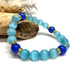 キャッツアイ(ライトブルー)×青瑪瑙 パワーストーン ブレスレット  (ゴールド) メンズ・レディース　男性・女性　数珠ブレス 開運 [23]