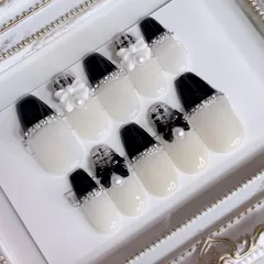 25 ネイルチップ 量産型 韓国 ワンホン フレンチガーリー ツイード 冬 白 黒 キラキラ リボン チェックネイル 推しネイル イニシャルパーツ ライブ LIVE コンサート ツイード位置変更可能