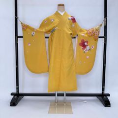 二尺袖 単品 卒業式着物 黄色 裄68cm Lサイズ  袴用着物 化繊 中古 4552
