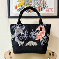 和柄ミニトートバッグ 鯉柄 ブラック Dカン付き ハンドメイド メンズ レディース ストリート ハンドバッグ 帆布バッグ