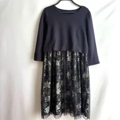 ワンピースL 紺ネイビーチュールスカート花柄重ね着長袖おしゃれかわいいフレア