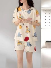 かわいいキリン&カラーブロック&レタープリントのルーズフィットパジャマセット　半袖ラウンドネックトップ&伸縮性ショーツ　レディースパジャマ　Lサイズ　やわらかい素材で着やすいパジャマセット