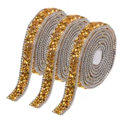 uxcell 3個セットの樹脂ラインストーントリム 3ヤード 自己粘着金ダイヤモンドリボン ラインストーンストリップテープ 衣料品DIYクラフト用