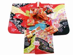 7歳用 フルセット 正絹 絞り柄 金駒刺繍入り 絵羽 四ッ身着物 結び帯 大寸 箱せこセット 赤系着物 7kk-82 