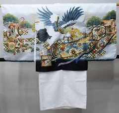 七五三 五歳 男児 羽織・着物・襦袢3点セット 豪華絢爛 金刺繍 綸子地 白地 鷹 お仕立て無料 祝着 NO37062-2