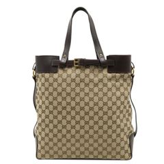 GUCCI グッチ GGキャンバス トートバッグ ショルダーバッグ レザー カーキベージュ ブラウン 茶 ゴールド金具 107756