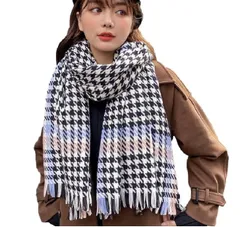 【在庫セール】柄 ストール 大判 200㎝ マフラー ショール 千鳥格子 モノトーン パステル ライン フリンジ [サラローズ] 付 ふんわり 秋 冬