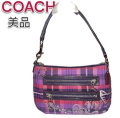 コーチ COACH  POPPY ポピー　ハンドバッグ　ポーチ　ワンショルダー　チェック柄　紫　パープル　 マルチカラー キャンバス エナメルレザー　レディース