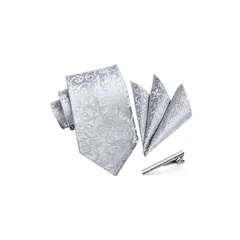 [HISDERN] [ヒスデン] 結婚式 ペイズリー ネクタイチーフ セットメンズ フォーマル シルバー ネクタイ 3点セット 紳士用 入学式 卒業式 プレゼント TF2014A8S3 0
