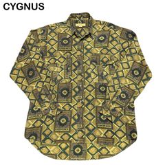 CYGNUS 総柄 アート 幾何学模様 派手 エスニック 昭和 レトロ クラシック ヴィンテージ ダブルポケット シルク100%  長袖シャツ Mサイズ