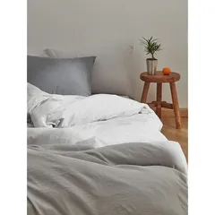 クモリ(Kumori) 寝具カバーセット 布団カバーセット 洗いざらし シワ加工 水洗い やわらか （掛け布団カバー ボックスシーツ 枕カバー）吸水速乾 丸洗いOK 肌に優しい 洗える 無地 シンプル オールシーズン(セミダブル・4点セット ライトグレー)