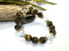 パワーストーン ブレスレット タイガーアイ 水晶 12mm  （ゴールド）メンズ・レディース　男性・女性　数珠ブレス　開運 ハンドメイド  [I]