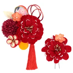 髪飾り 成人式 水引 つまみ細工 振袖 前撮り 袴 2点セット 花 赤 レッド ラメ 黒 ベロア調 つまみ細工 房付き 玉飾り 花ごころ No.12-0839