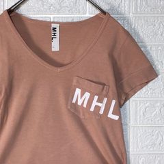 エムエイチエル　ピンク　Vネック　ロゴプリント　ポケット　半袖Tシャツ