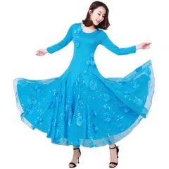 【競技会用】社交ダンスドレス 長袖 社交ダンス 練習着ワンピース（ワルツ/タンゴ兼用） フレアスカート ショートスリーブ プロ仕様 大人女性