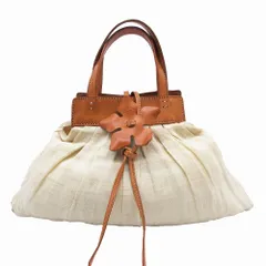 ゲンテン genten キャンバス レザー ハンド バッグ 花モチーフ カバン 鞄 アイボリー キャメル ur149 【中古】