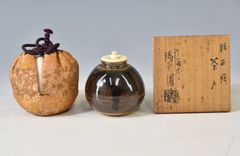 淡海せ々 陽炎園 「膳所焼　茶入」 茶道具 茶器 押印 仕覆 花文錦 共箱