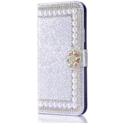 OYIME iphone 7 / iphone 8 / iphone SE (第2世代) ケース 手帳型 おしゃれ パール お花 ストーン デザイン かわいい きらきら 華やか チャーム デコ 女子 女性向け きれい 優雅 カバー 横開き マグネット カー 0