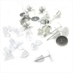 V-033 平皿ピアスピン 10mm & 樹脂ピアスキャッチ 6mmセット【ホワイトシルバー】各20個 10組 貼り付け ポストピアス ピアスピン シリコンキャッチ バックキャッチ メタル 金属 ハンドメイド アクセサリー パーツ