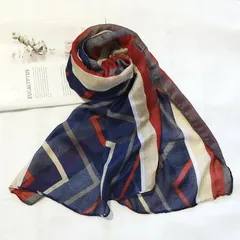 幾何学柄ストール ネイビー×正紅 斜めライン 大判 薄手 軽量 UVカット 小顔効果 春夏 秋冬 オールシーズン お出かけ 旅行 リゾート 普段使い オフィス 通勤 冷房対策 プレゼント ギフト 母の日 誕生日 送料無料 即購入OK