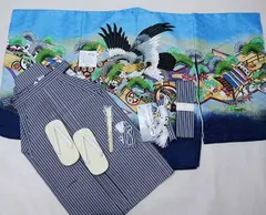 七五三 五歳 男児 着物 羽織袴フルセット 綸子地 金刺繍 縞袴 青地×紺 鷹 5歳 五才 5才 男の子 お仕立て無料 祝着 NO40393