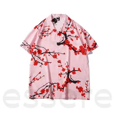 トップス カーディガン メンズ レディース 半袖シャツ 印刷 アロハシャツ 4つのサイズが選択可 M-3Lサイズ カップル リラックス ゆったり 夏 男女兼用 梅花 ピンク