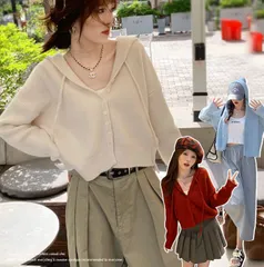 パーカー カーディガン ニットパーカー 長袖 ボタン ニット トップス レディース 無地 ニットカーディガン 開襟 フード付き ベーシック カジュアル 初秋 秋服 せ効果 秋冬skwjzg09