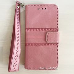 iPhone SE3 SE2 8 7 SE (第2世代/第3世代) スマホ ケース 手帳型 ショルダー 肩掛け 紐付き ストラップ レザー調 ピンク アイフォン
