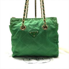   良品 PRADA プラダ 三角ロゴ プレート ナイロン キルティング チェーン ショルダー トート バッグ グリーン かばん 鞄 カバン k5742