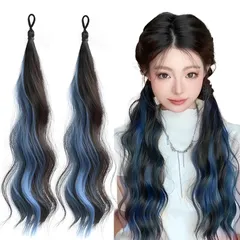 新品 mefeny エクステ ヘアエクステ 子供 ポニーテール 青 ２本 メッシュ ロング カール 巻き髪 耐熱 ゴム付き レディース 三つ編み お団子 ダンス