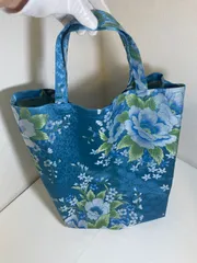 【二縁】和風花柄トートバッグ／ブルー系／USED良品
